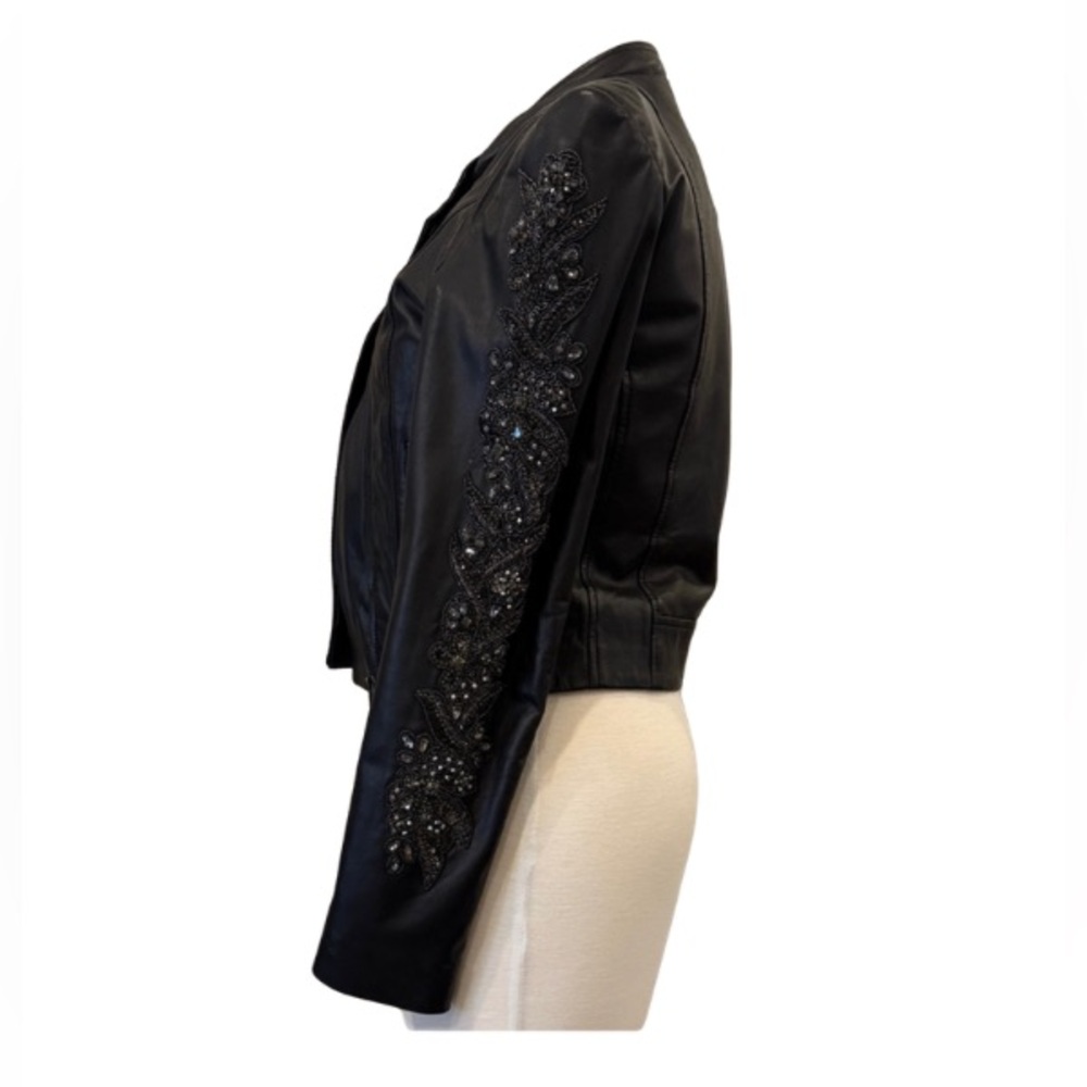 Lamarque Black Leather Jacket with Beaded Sleeve Detail